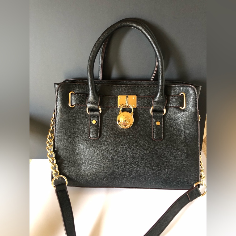 Michael Kors Black Leather Hamilton Satchel Tote Shoulder Bag